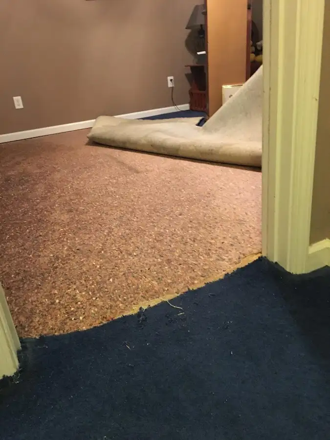 Carpet pad removal revealing water damage during Drying & Dehumidification in North Tustin